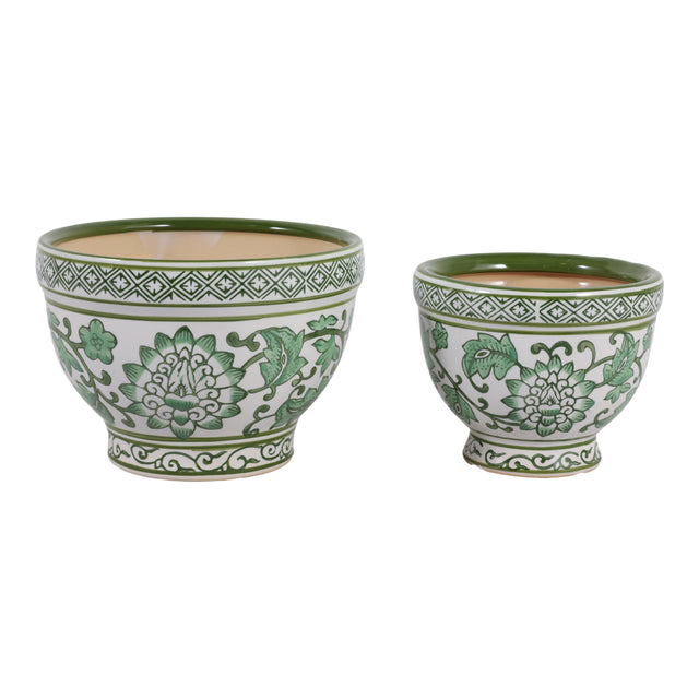 Roybrook Green/White Ceramic Bowl Chinoiserie Planters (Set of 2)