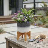 Erickson Gray Ceramic Planter on Wooden Stand