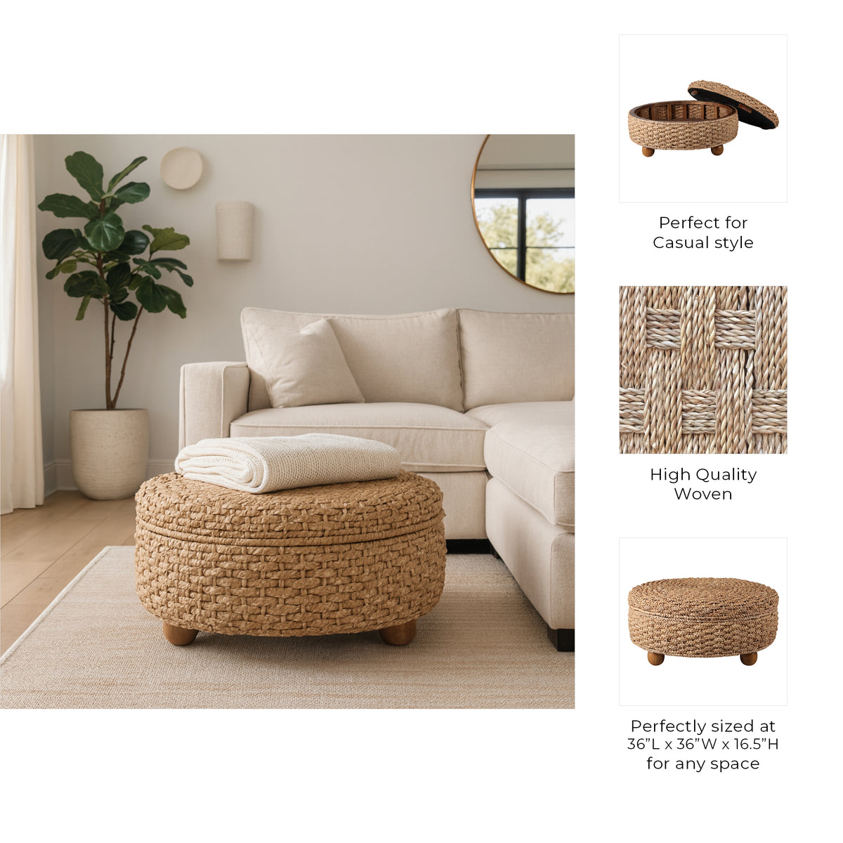 Beveridge Brown Waterhyacinth Storage Ottoman with Ball