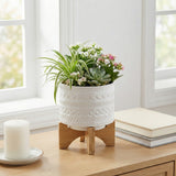 Crest White Tribal Planter with Wood Stand