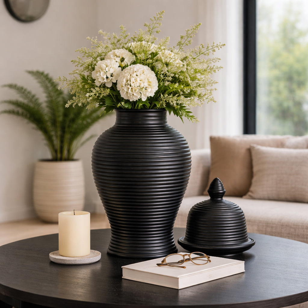Owenshaw Black Ceramic Ribbed Temple Jar