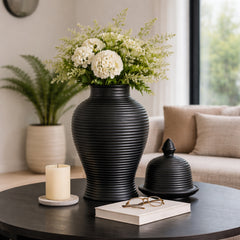 Owenshaw Black Ceramic Ribbed Temple Jar