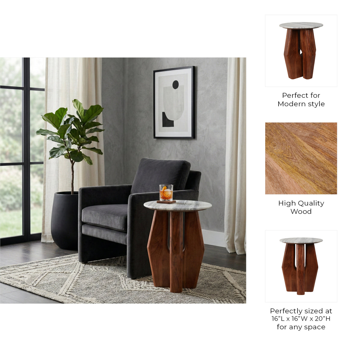 Hat Creek Brown Accent Table with Curved Legs and Marble Top