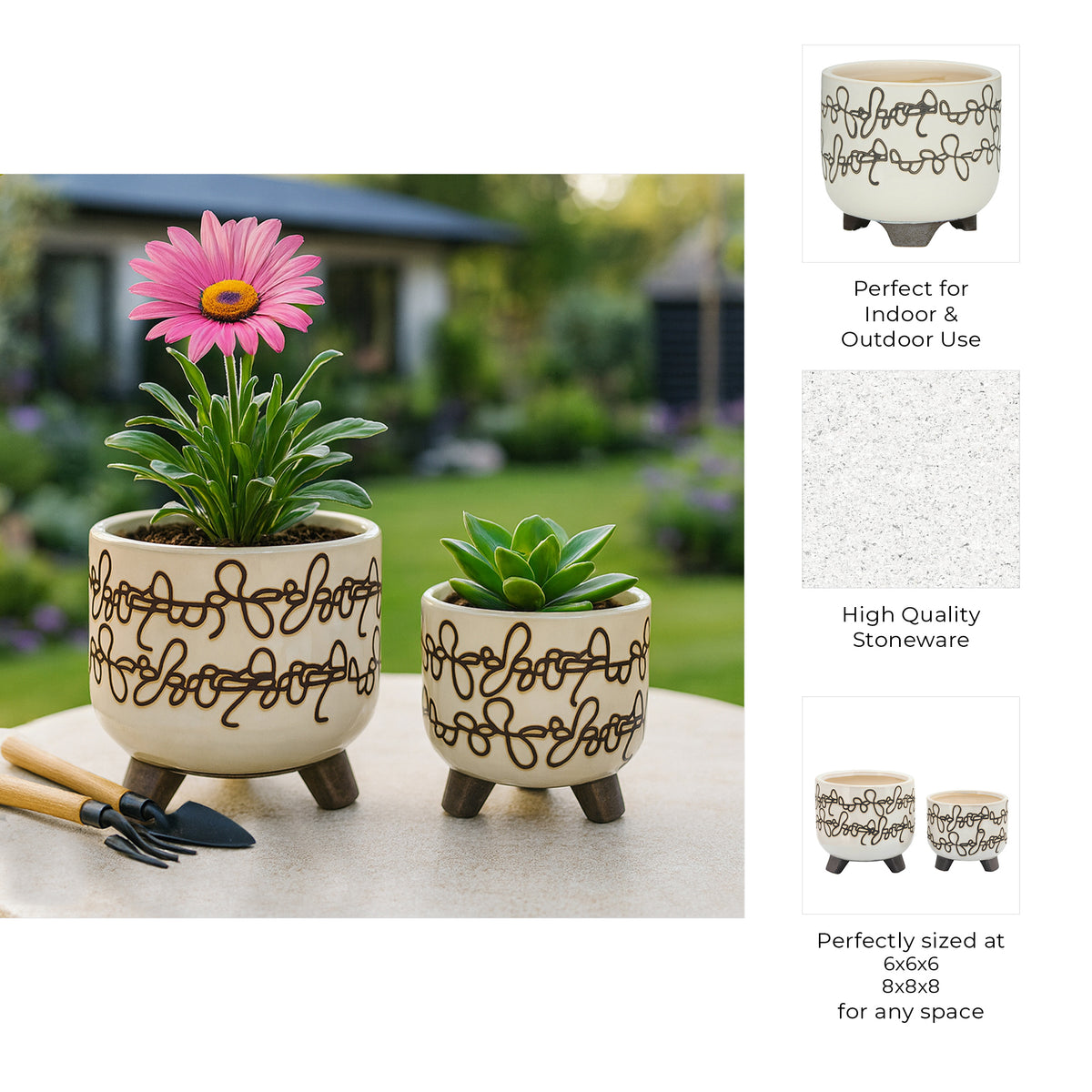 Montara Beige Ceramic Scribble Footed Planters (Set of 2)