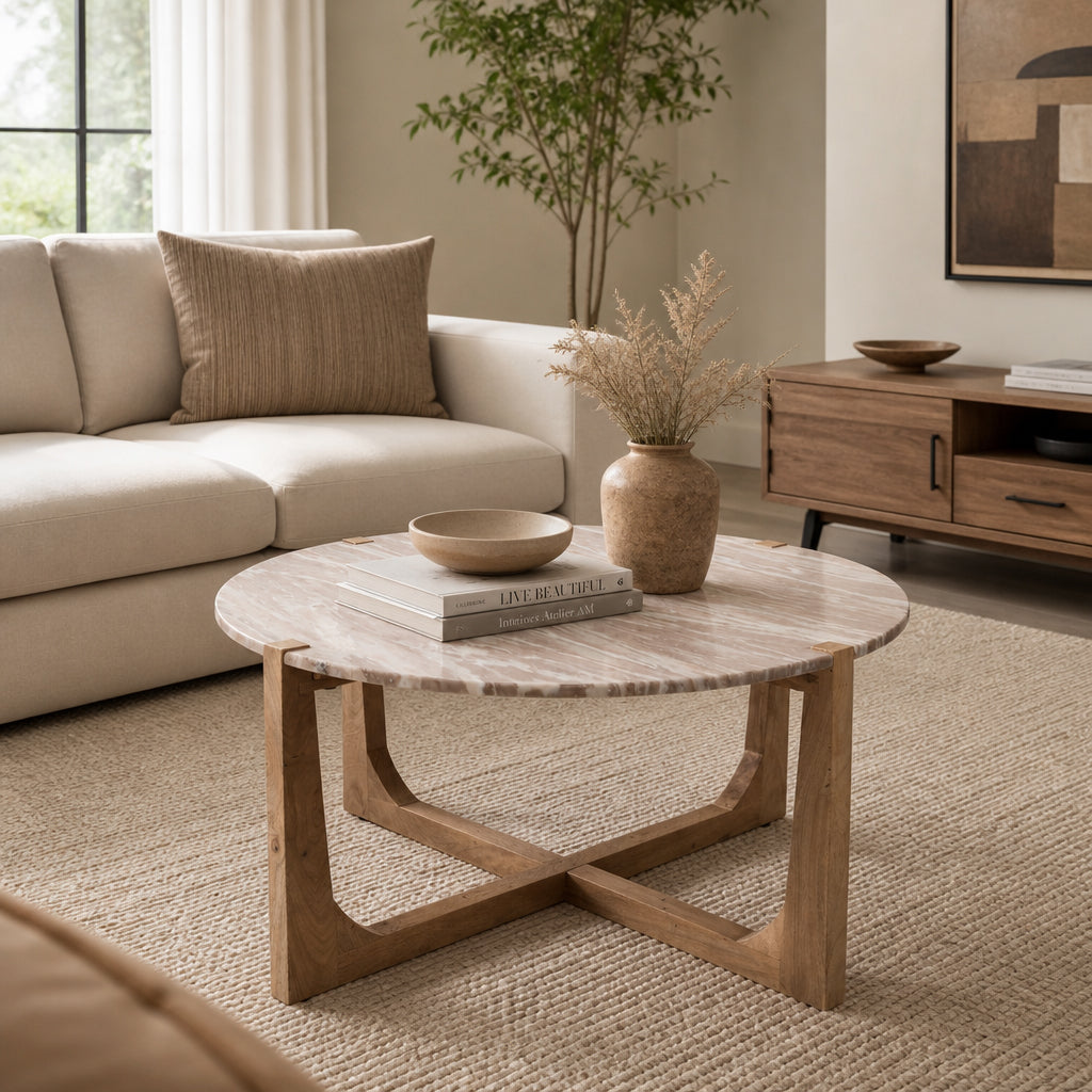 Keystone Tan/Brown Modern Coffee Table with Marble Top