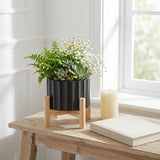 Doyle Black Ceramic Fluted Planter with Wood Stand
