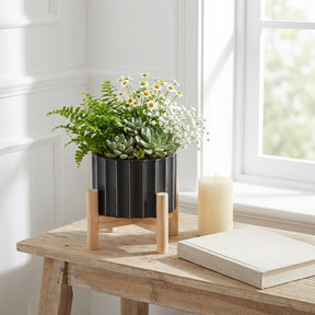 Doyle Black Ceramic Fluted Planter with Wood Stand