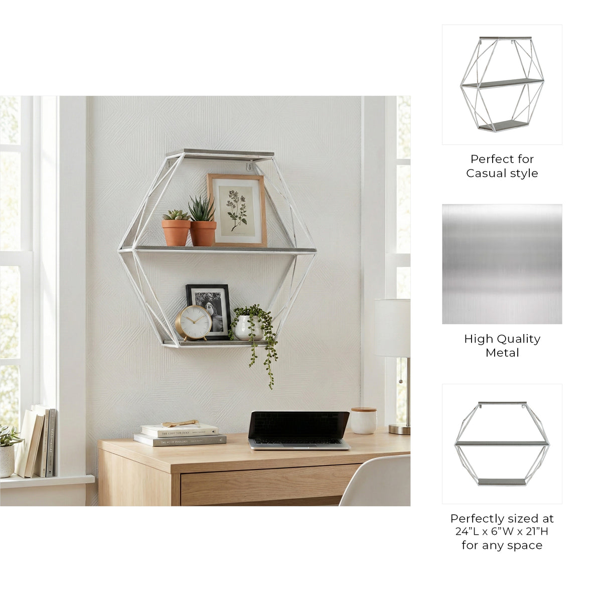 Jackson Gray/White Metal and Wood 3 Tier Hexagon Wall Shelf