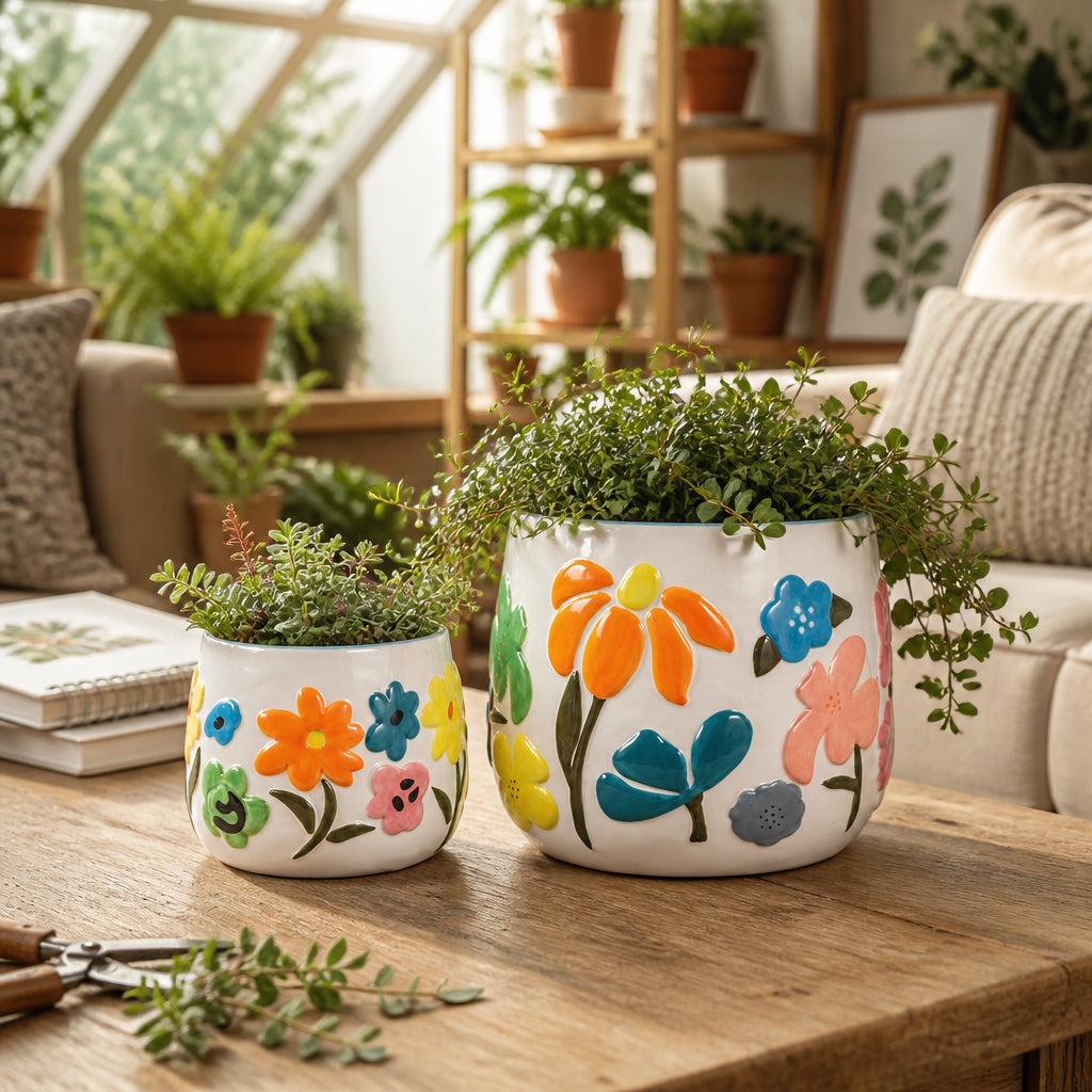 Miranda Multicolor Floral Embossed Planters (Set of 2)