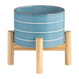 Alisal Sky Blue Small Striped Planter with Wood Stand