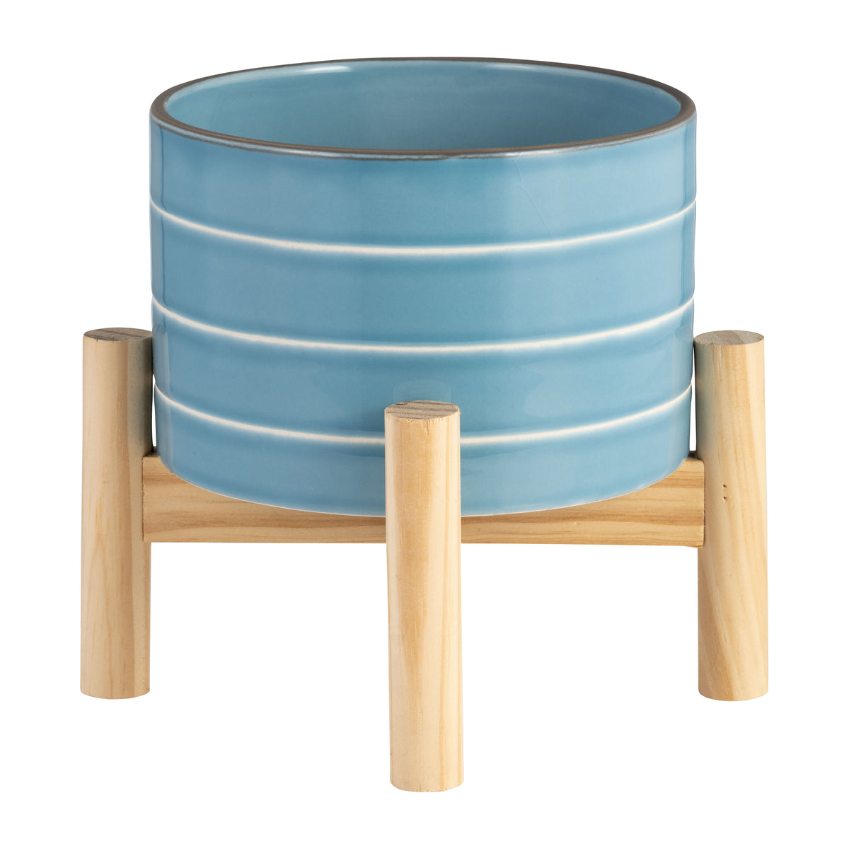 Alisal Sky Blue Small Striped Planter with Wood Stand