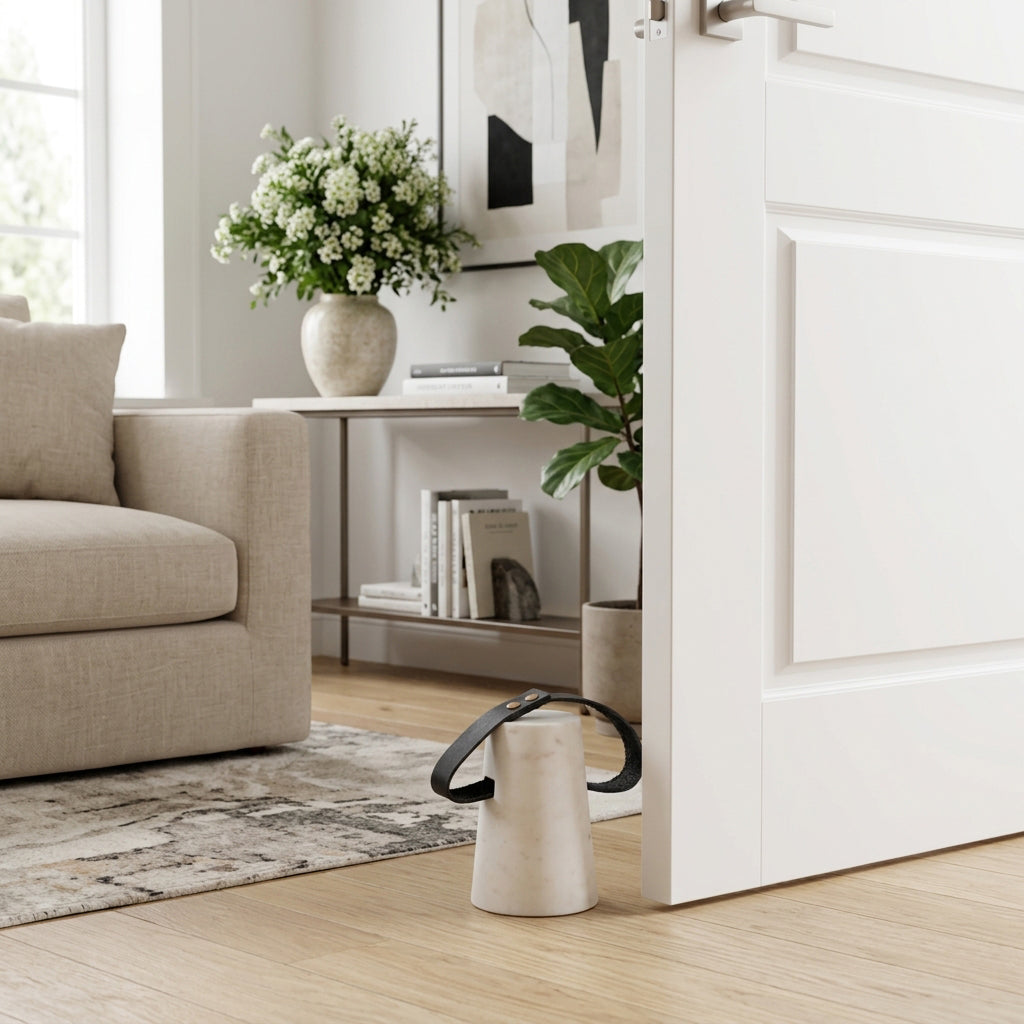 Soda Bay White/Black Marble Doorstop with Leather Handle