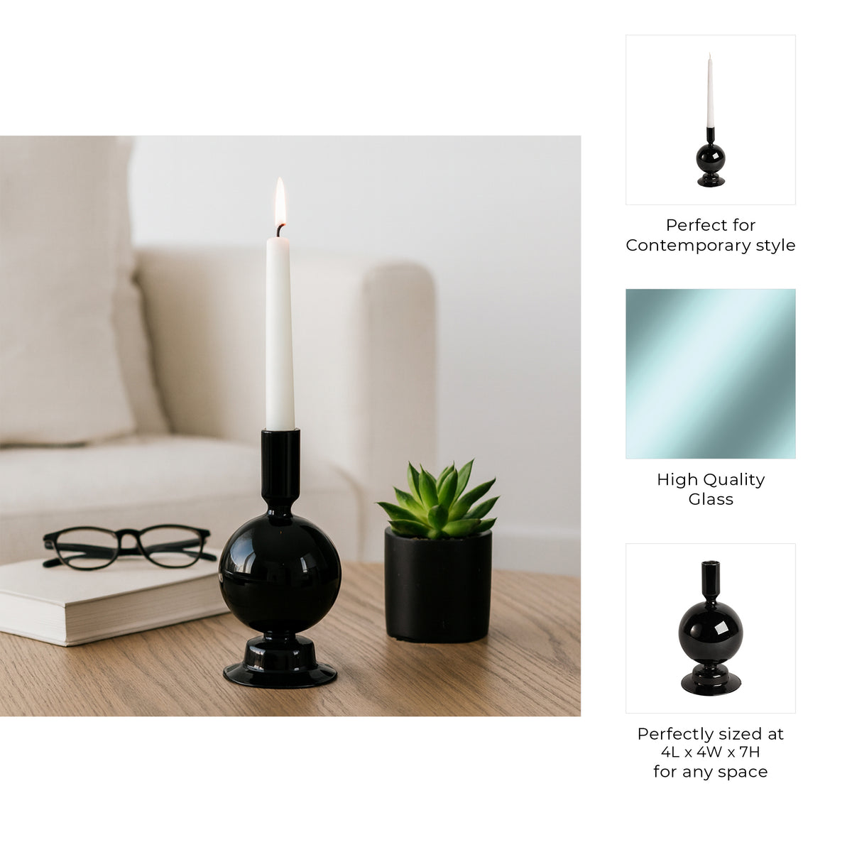 Ryde Black Glass Bubble Taper Candle Holder