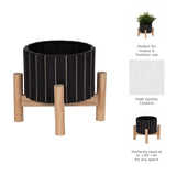 Doyle Black Ceramic Fluted Planter with Wood Stand