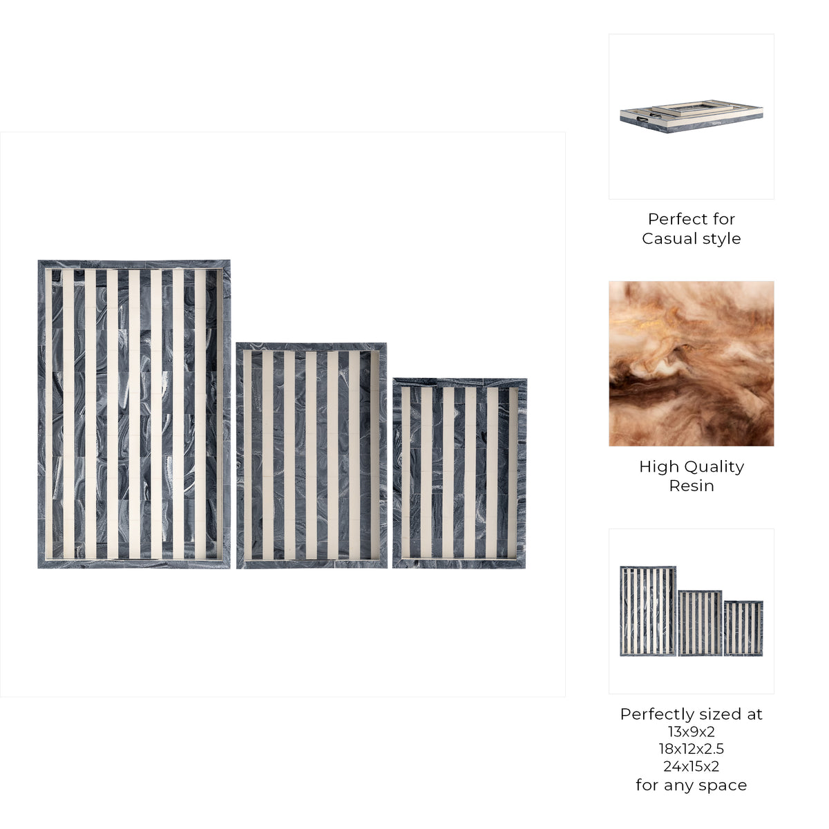 Rivergrove Blue/Gray Resin Stripe Lines Trays (Set of 3)