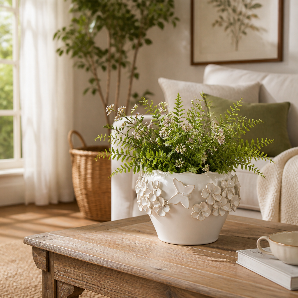 Calgro Ivory Floral Applique Planter with Butterfly
