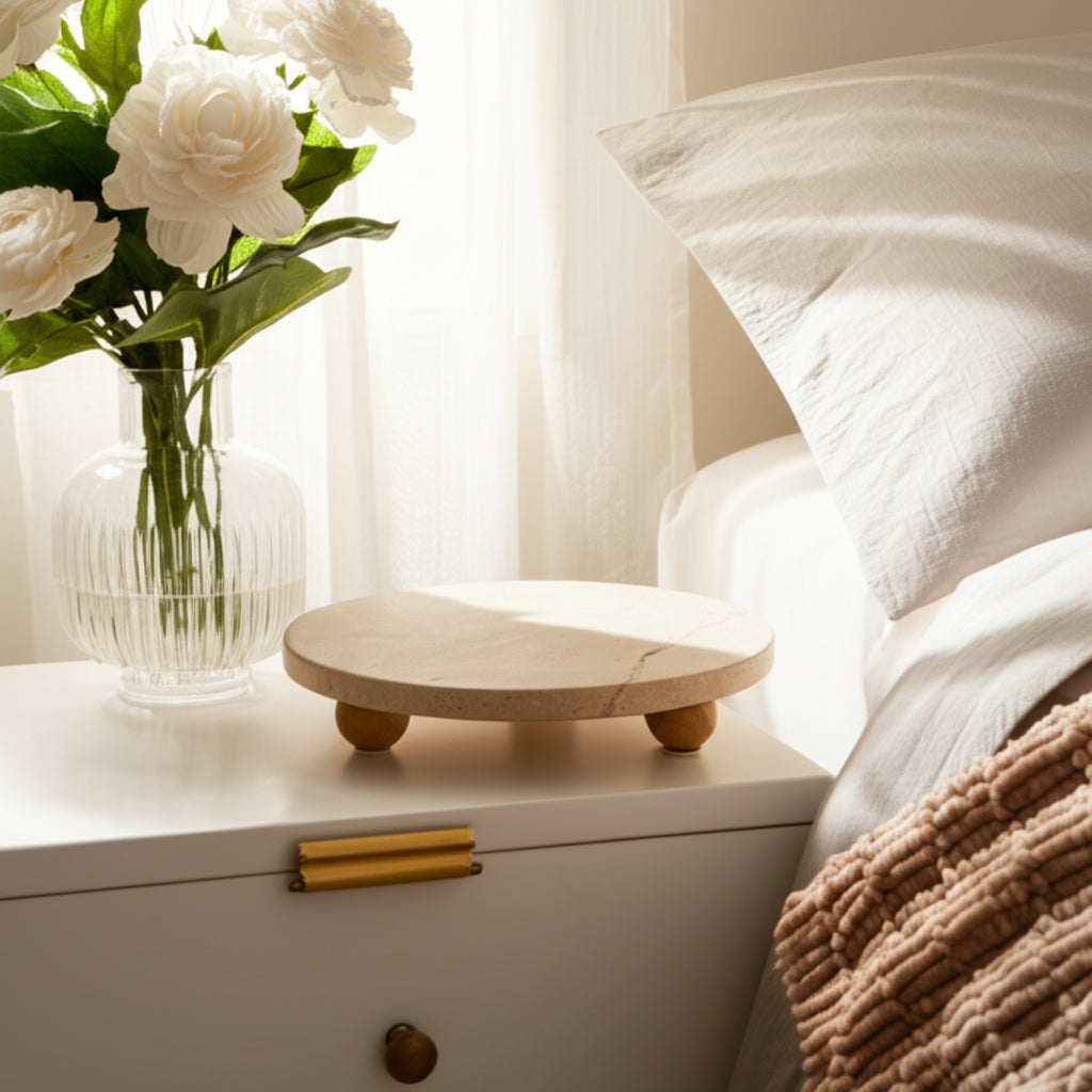 Newtown Tan Travertine Tray on Wood Ball Feet
