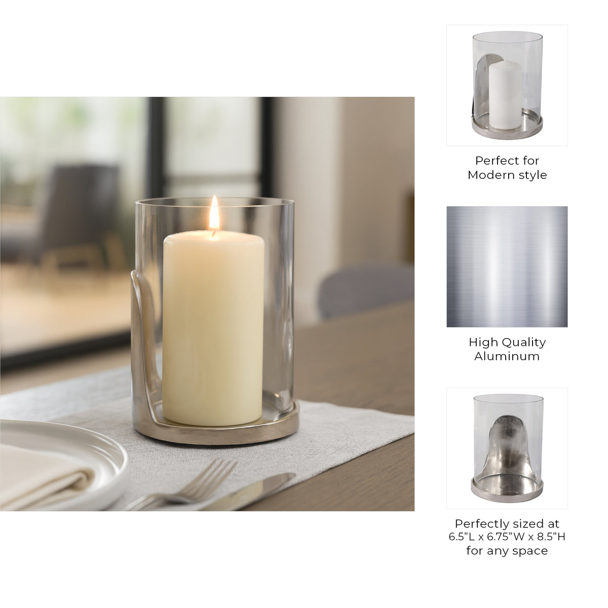 Wilson Grove Silver/Clear Metal Base Hurricane Pillar Holder