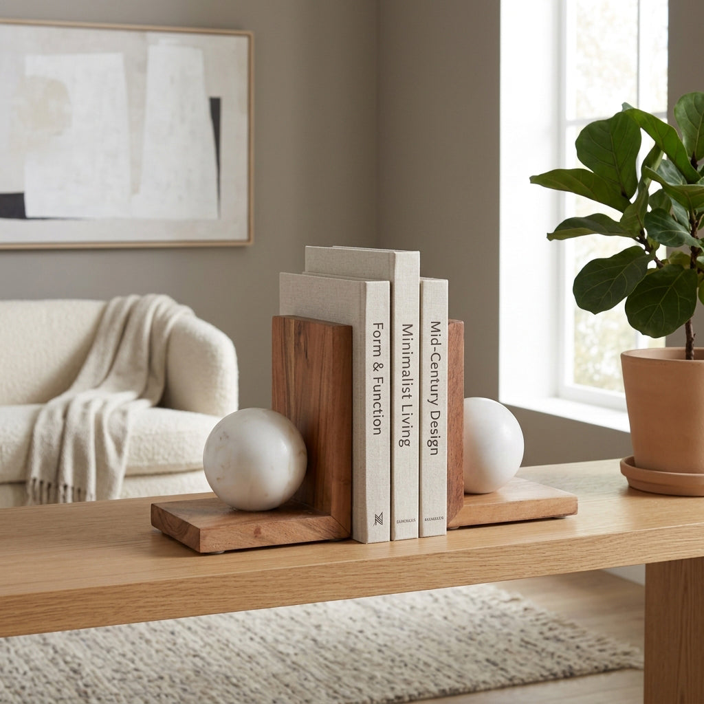 Mono Lake Natural/White Bookends with Marble Orb (Set of 2)