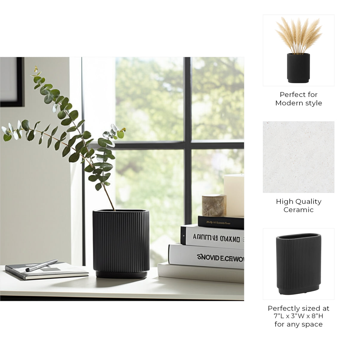 Citrona Black Ceramic Ridged Vase