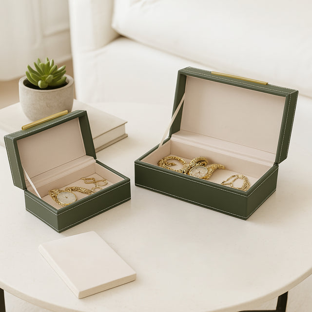 Chester Green/Gold/Multicolor Faux Leather Stitched Edge Boxes (Set of 2)