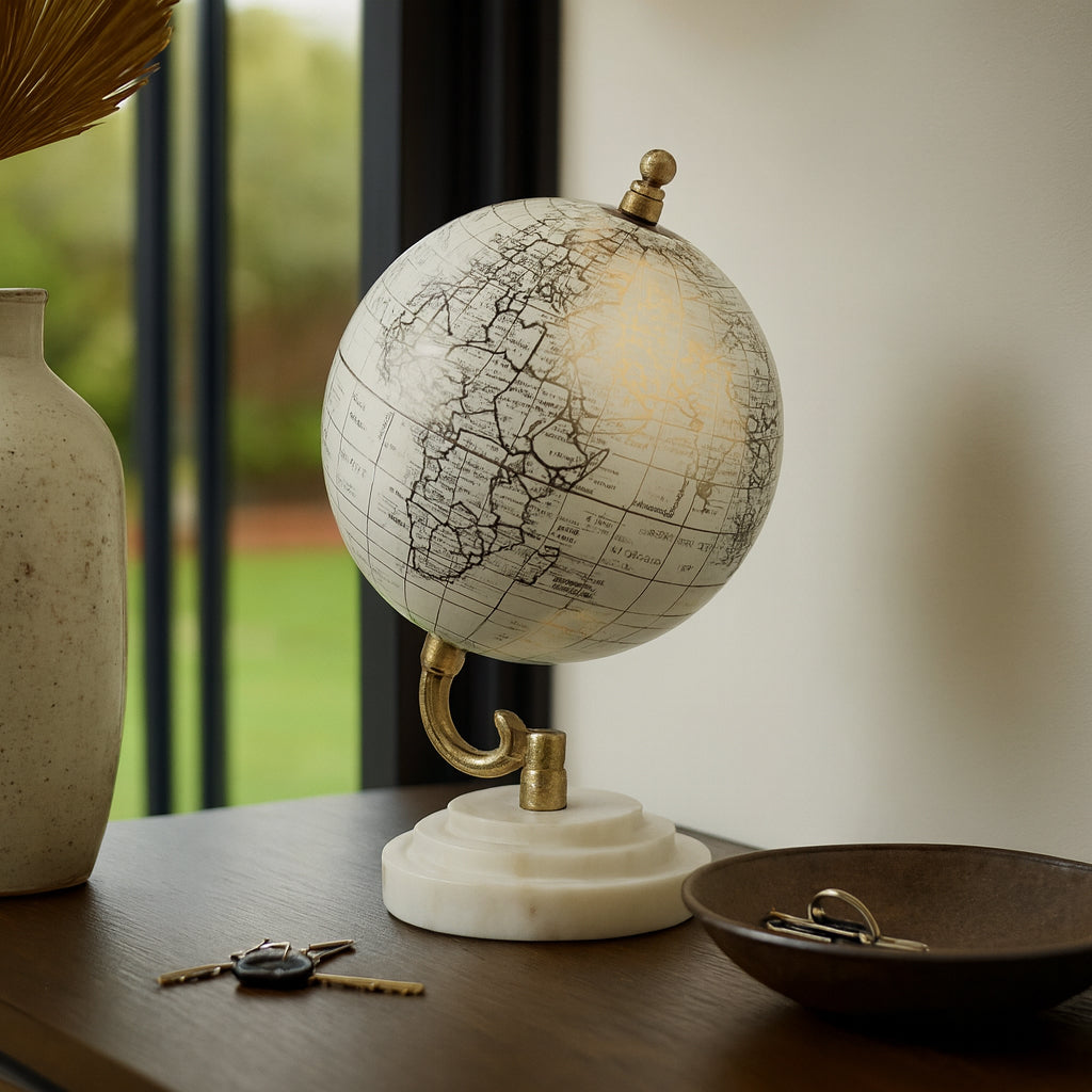 Piedra White/Gold Globe on Ridged Marble Base
