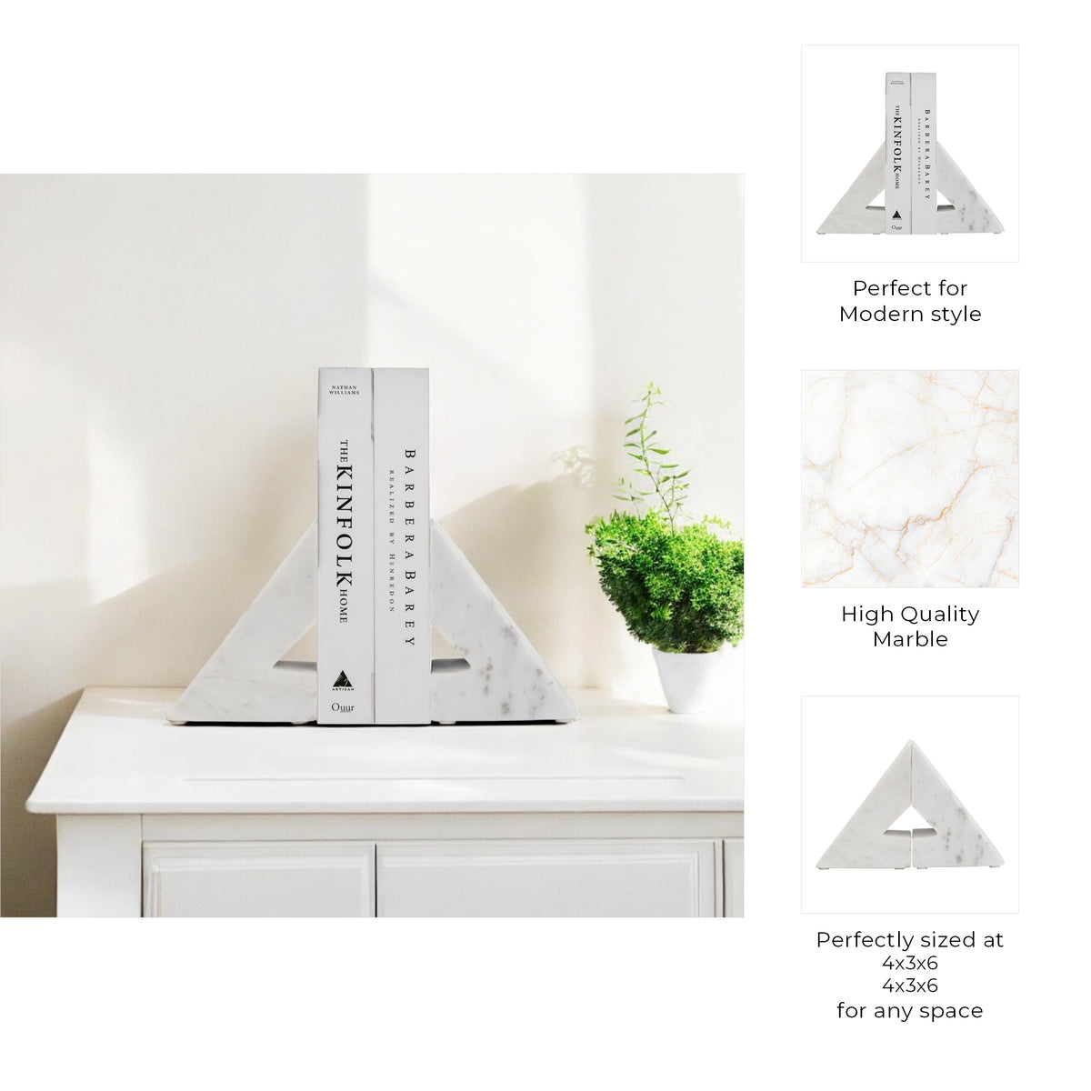 Vestil White Marble Right Triangle Bookends (Set of 2)