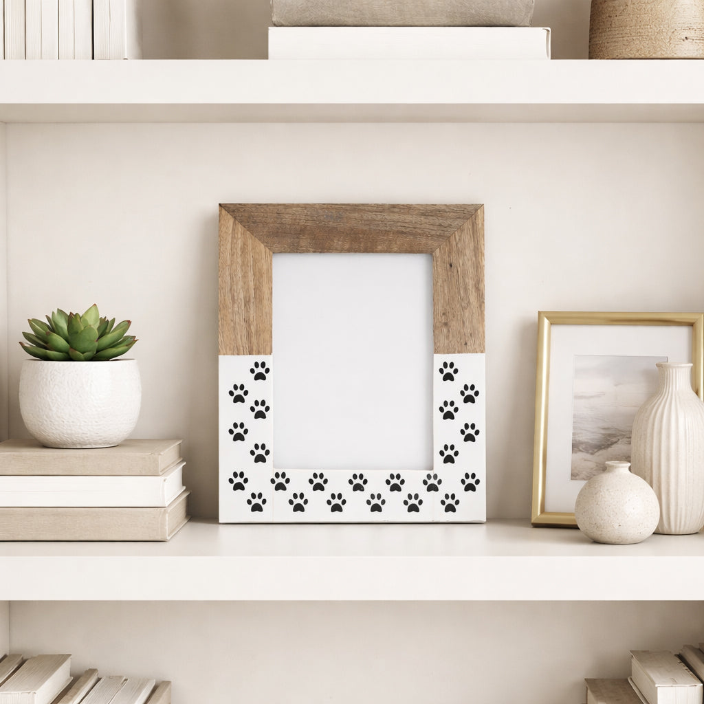 Mabie White/Brown Wood 5x7 Dog-Paws Photo Frame
