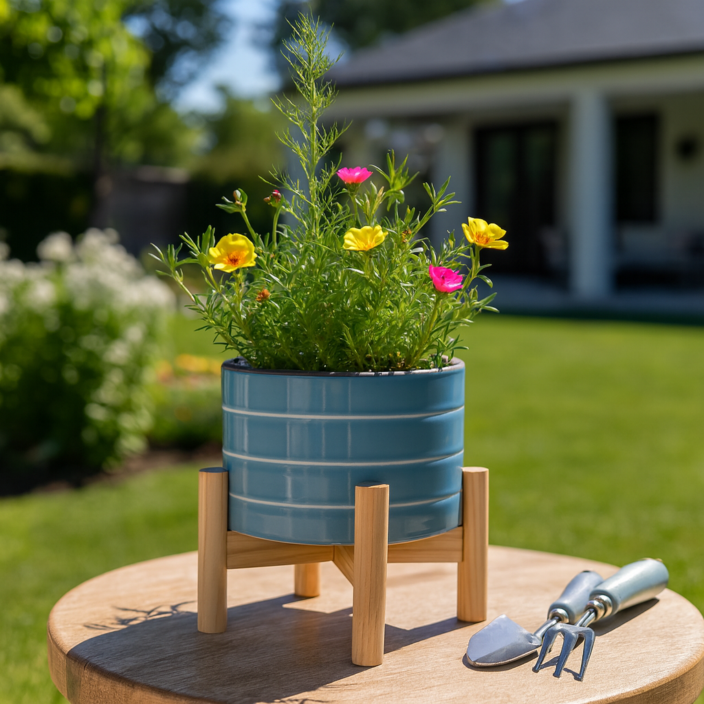 Alisal Sky Blue Small Striped Planter with Wood Stand