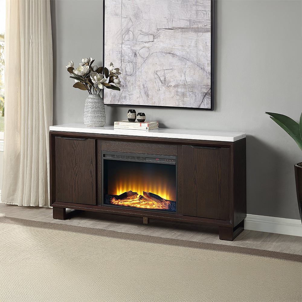 Edwyn Natural Marble Top/Espresso Server w/Natural Marble Top & Fireplace