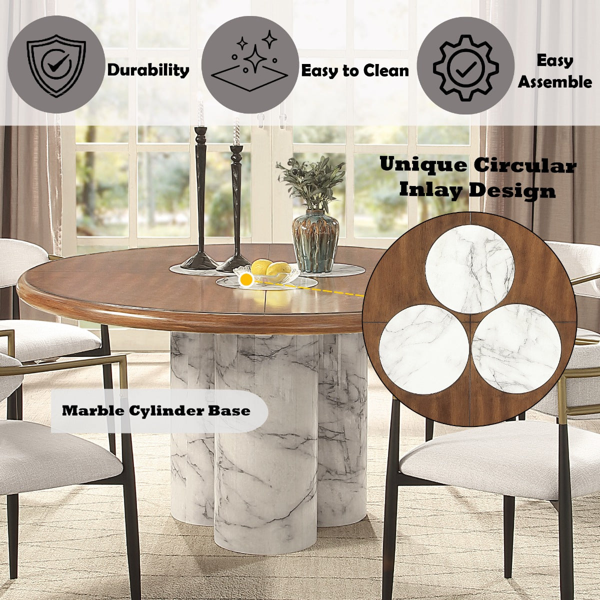 Harvey Engineered Stone/Brown Round Dining Table