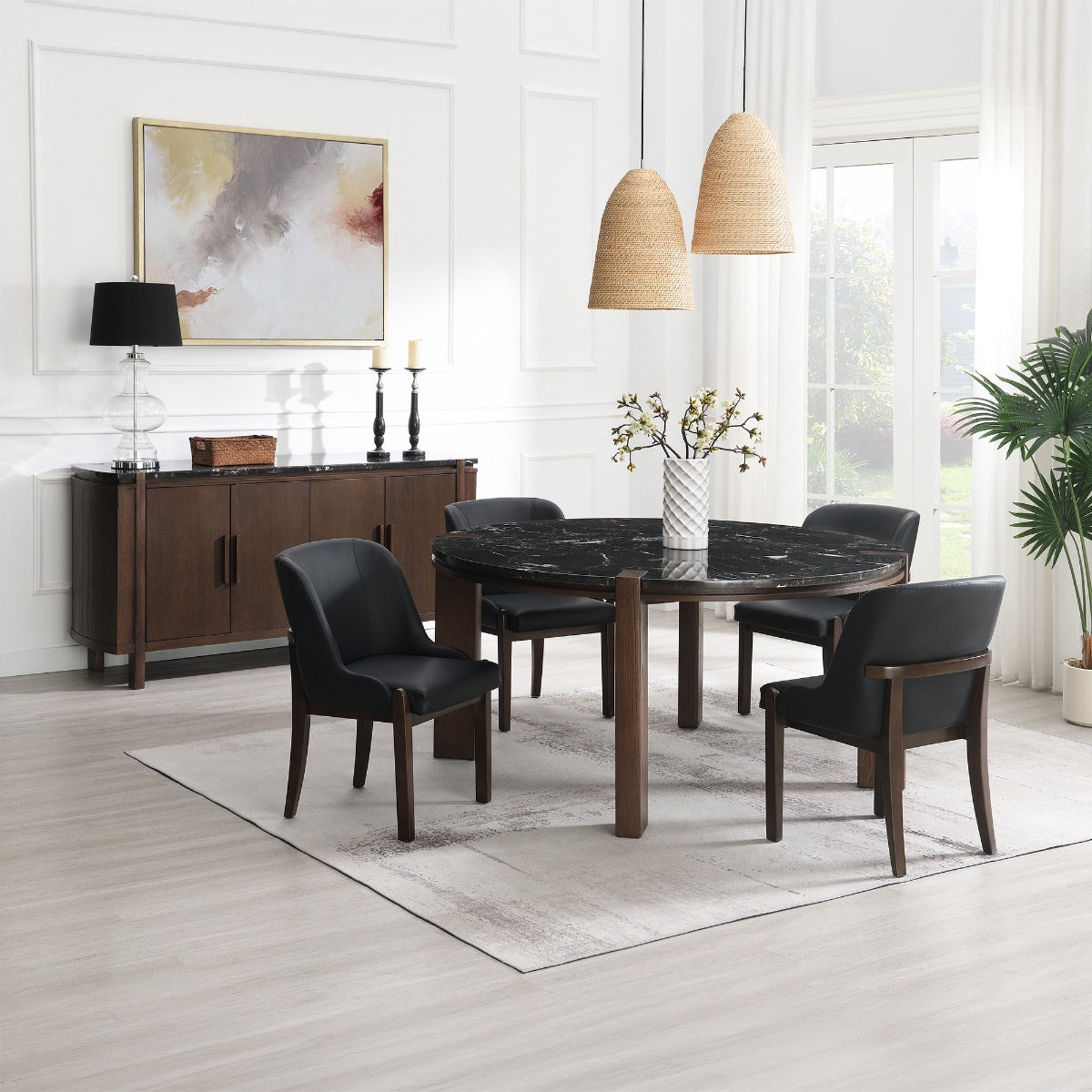 Estella Black/Walnut Round Dining Table w/Marble Top