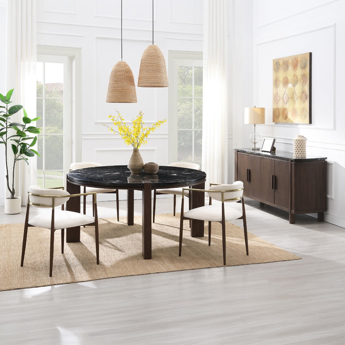 Estella Black/Walnut Round Dining Table w/Marble Top