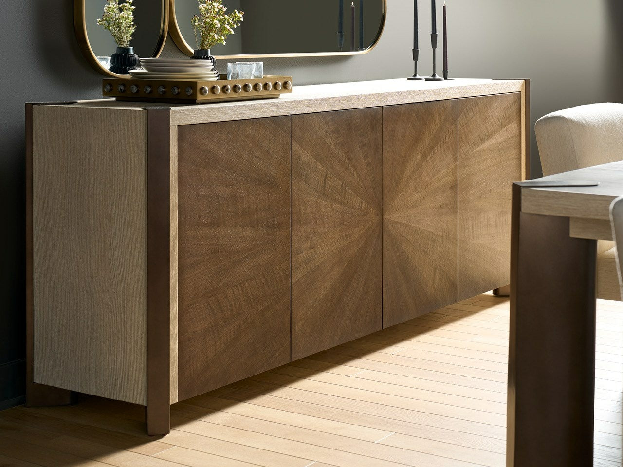 Modern Smoked Gold/Mist Credenza 89" Wide Four-Door Storage Cabinet with Power Bar