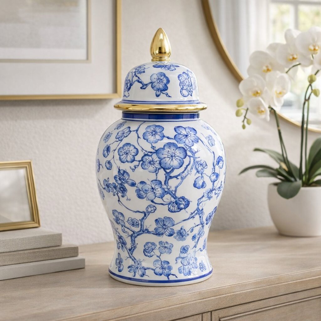 Sespe Blue/White Temple Jar with Hibiscus - 15425-03EC