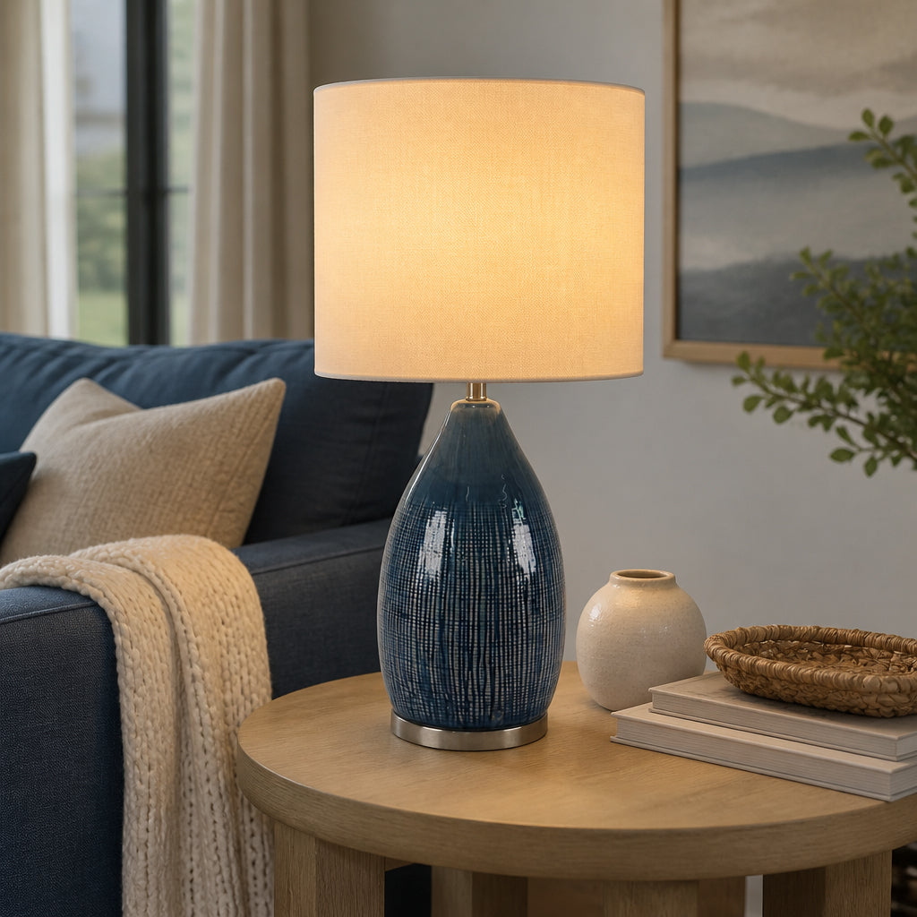 Hatch Blue/Gray Ceramic Table Lamp with Cylinder Linen Lampshade