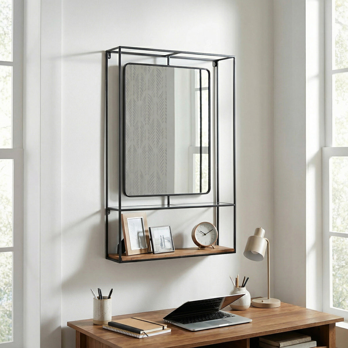Foresta Black/Brown Large Metal and Wood Wall Shelf with Mirror
