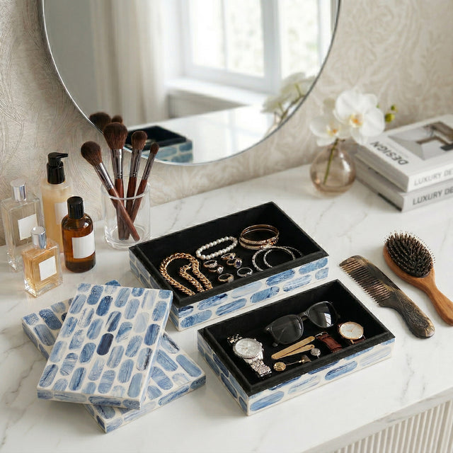Lonoak Blue/White Oval Print Resin Boxes (Set of 2)