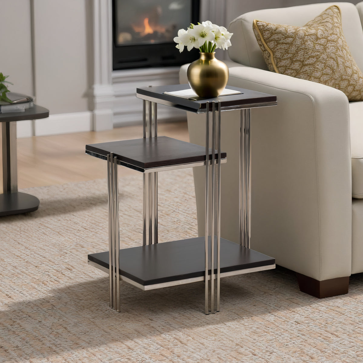 Coleman Brown Metal and Wood Three Tier Side Table