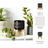 Electra Black Ceramic Aztec Planter on Wooden Stand
