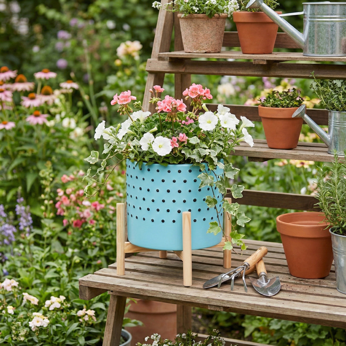 Watsonville Blue Dotted Planter with Wood Stand