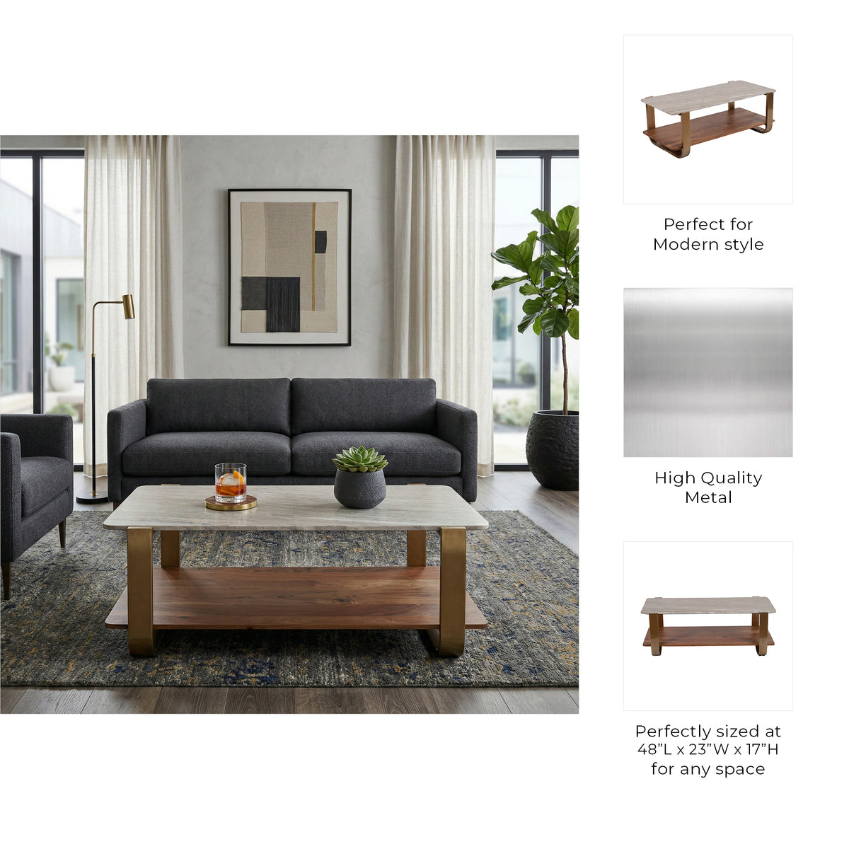 Snoboy Gold Marble Top Rectangle Coffee Table