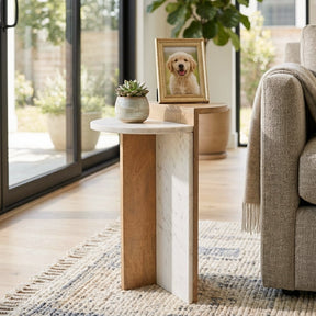 Plumas White/Natural Wood and Marble Combo Accent Table