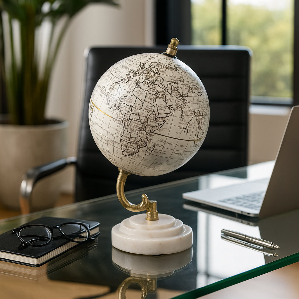 Piedra White/Gold Globe on Ridged Marble Base