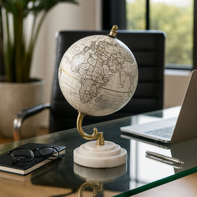 Piedra White/Gold Globe on Ridged Marble Base