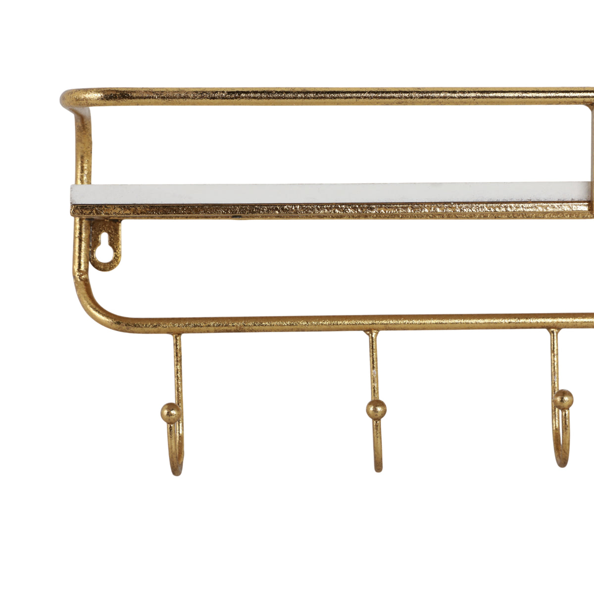 Calneva White/Gold Metal and Wood 5 Hook Wall Shelf