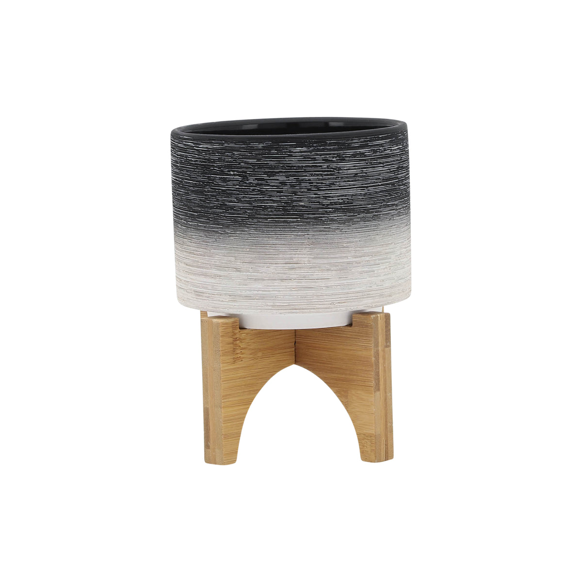 Erickson Gray Ceramic Planter on Wooden Stand