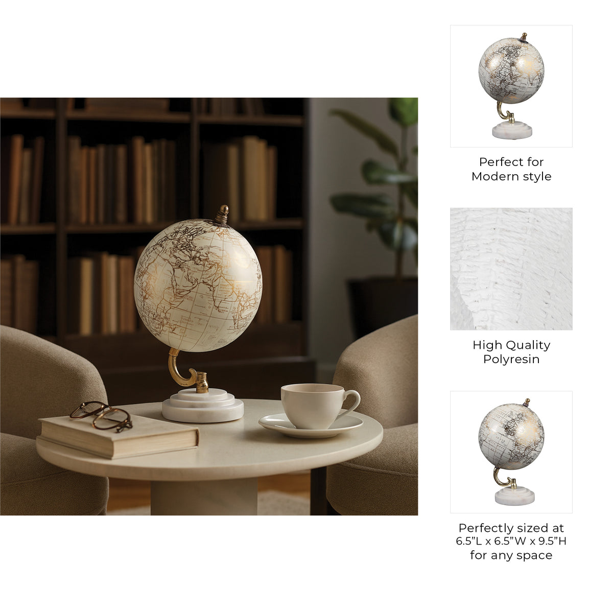 Piedra White/Gold Globe on Ridged Marble Base