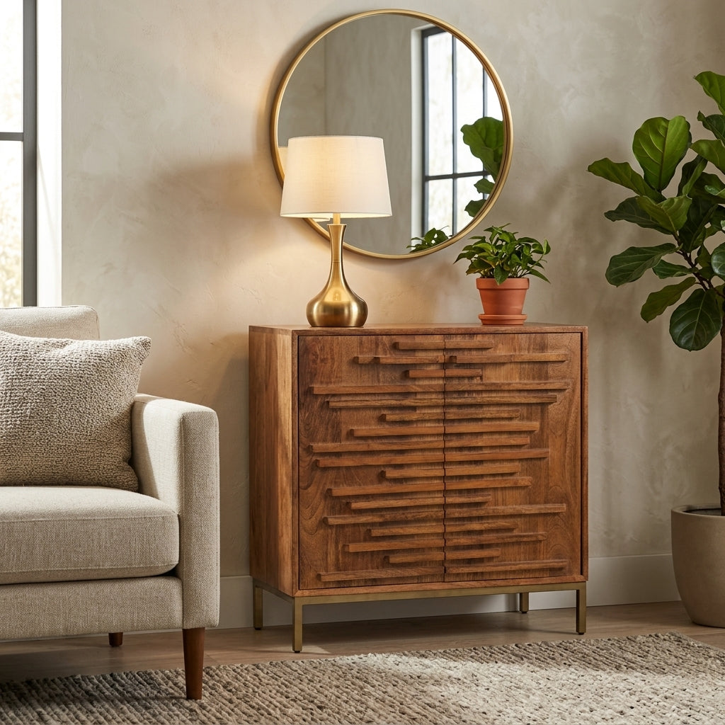 Warner Mango Brown Midcentury Slat 2 Door Cabinet