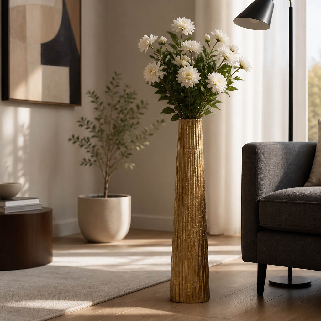 Rendalia Gold Small Metal Ribbed Floor Vase